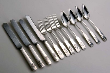 Russian Crested Silver Flatware Set (4 each of tablespoons, forks and knives)